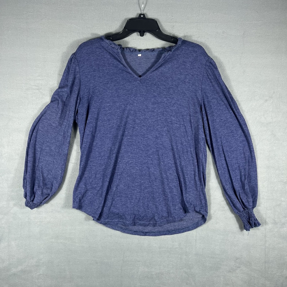 Women'sβ Blue Heathered V-Neck Ruffle Long Sleeve Blouse Top Size L